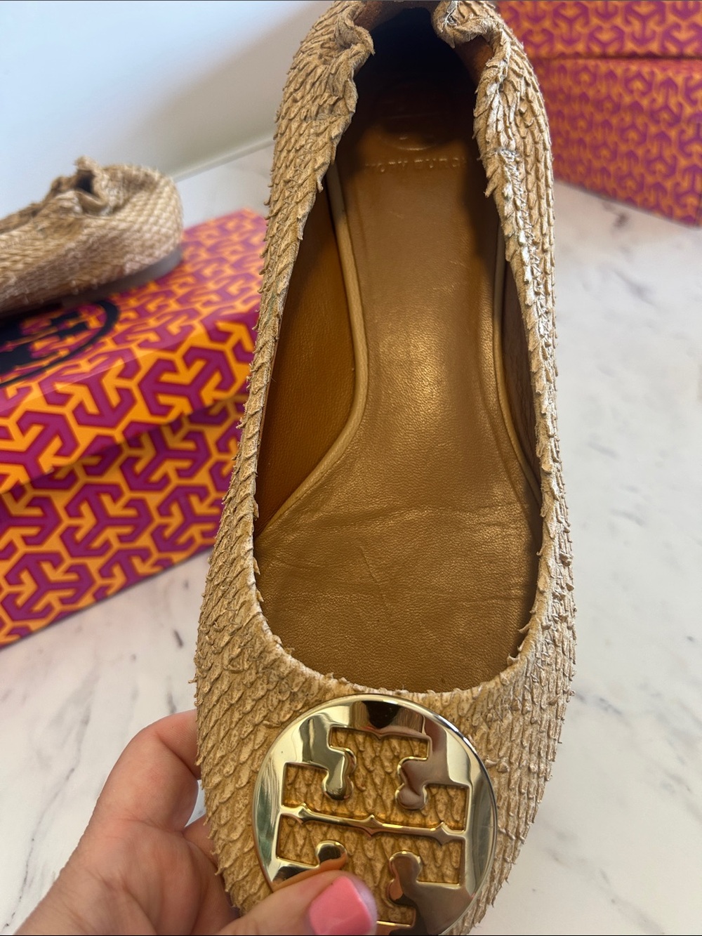 Tory Burch Metallic Gold Reva Logo Ballet Flats - Picture 6 of 12